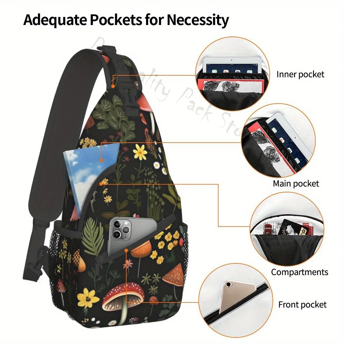 Mushroom Sling Backpack Mushroom Crossbody Bag Travel Hiking Shoulder Chest Bag Daypack Zipper Head/Hidden