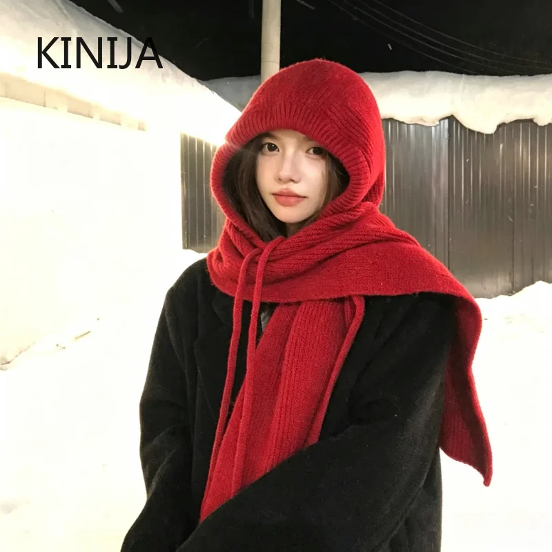 High Quality Wool Hooded Scarf Women Knitted Balaclava Winter Warm Hat Scarf Shawls Lady Soft Wraps Neckerchief Thickened Hooded