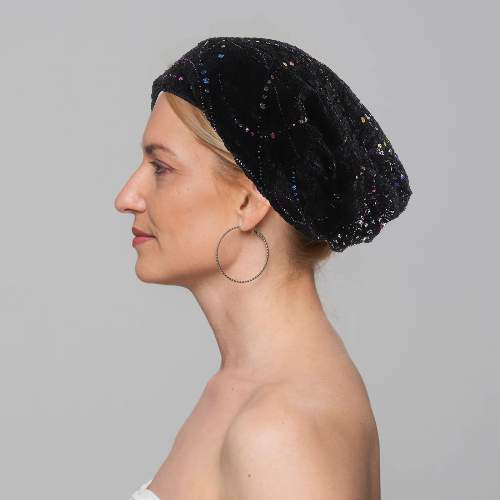 

1pc Lace Breathable Hat Women Girls Fashion Hollow Cap Soft Windproof Headscarf Outdoor Protective Wrap Hair Accessories (Black)