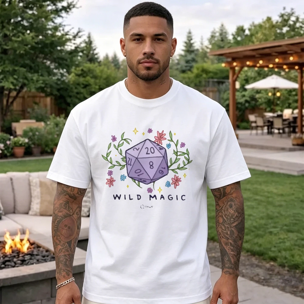 Wild Magic Floral D20 Dice Graphic Tees D&D Summer Casual Tops for Male Tabletop Game Wild Magic Sorcerer Hobby Daily Wear Gift