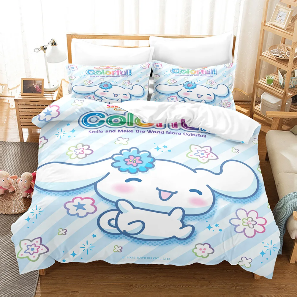 Imagem -04 - Sanrio Cartoon Duvet Cover Conjunto para Crianças Kawaii Cinnamoroll Colcha Fronha Meninas Conjunto de Cama Confortável Completo Twin King Size