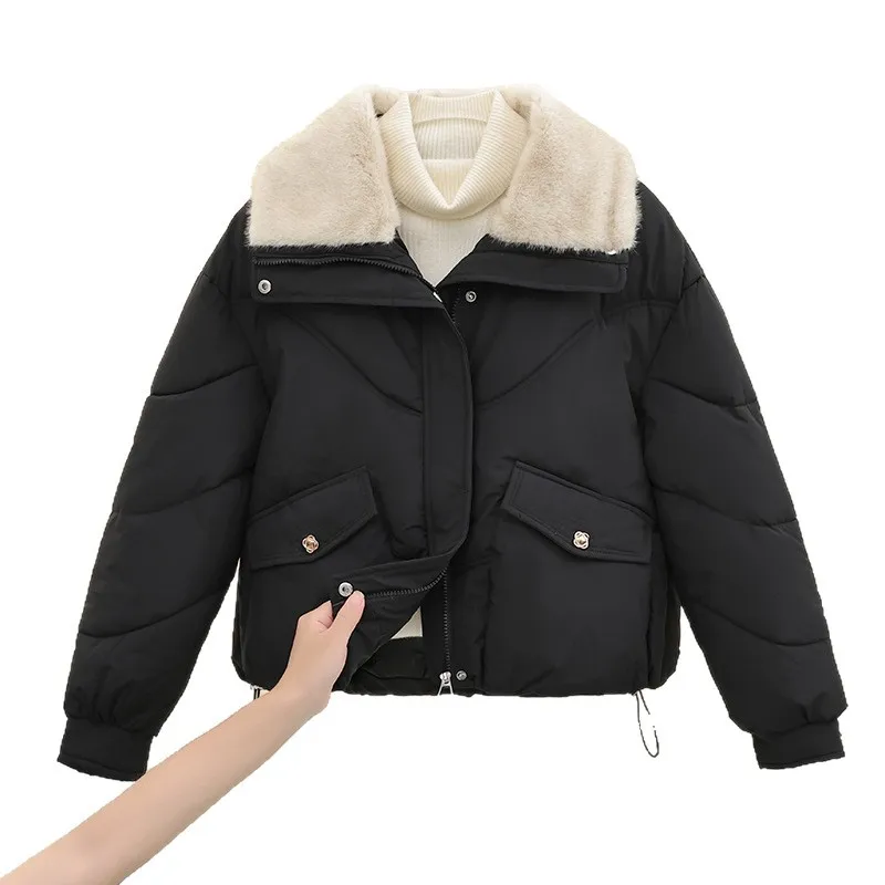

Classic Winter Stylish Design Thick Turn-down Collar Parkas Trendy Pocketed Cotton Jacket Women's Loose-fitting Warm Short Coat