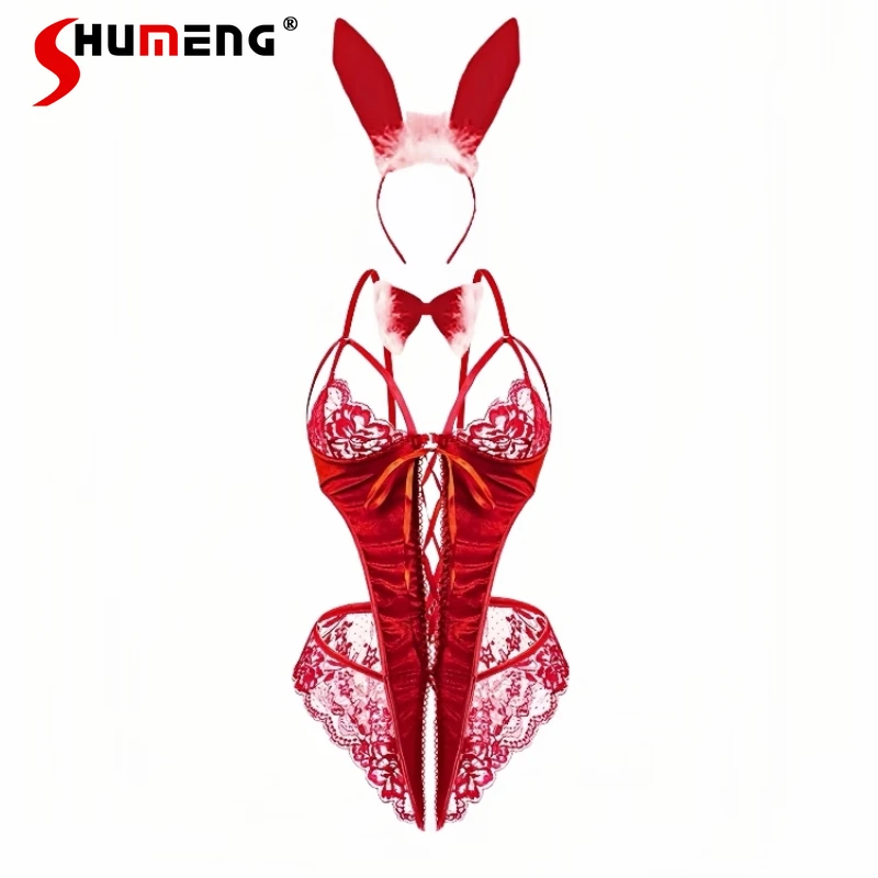 

Sexy Hollow Lace Girl Onesies Women's Small Chest Push Up Lingerie One Piece Female Strap Pure Desire Style Nightdress
