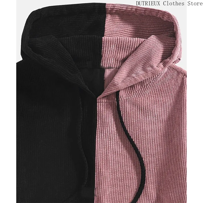 New Personality Fashion Color Contrast Corduroy Hoodie  Autumn Winter Thickened Plush Men's Hoodie Comfortable Soft Men's Hoodie