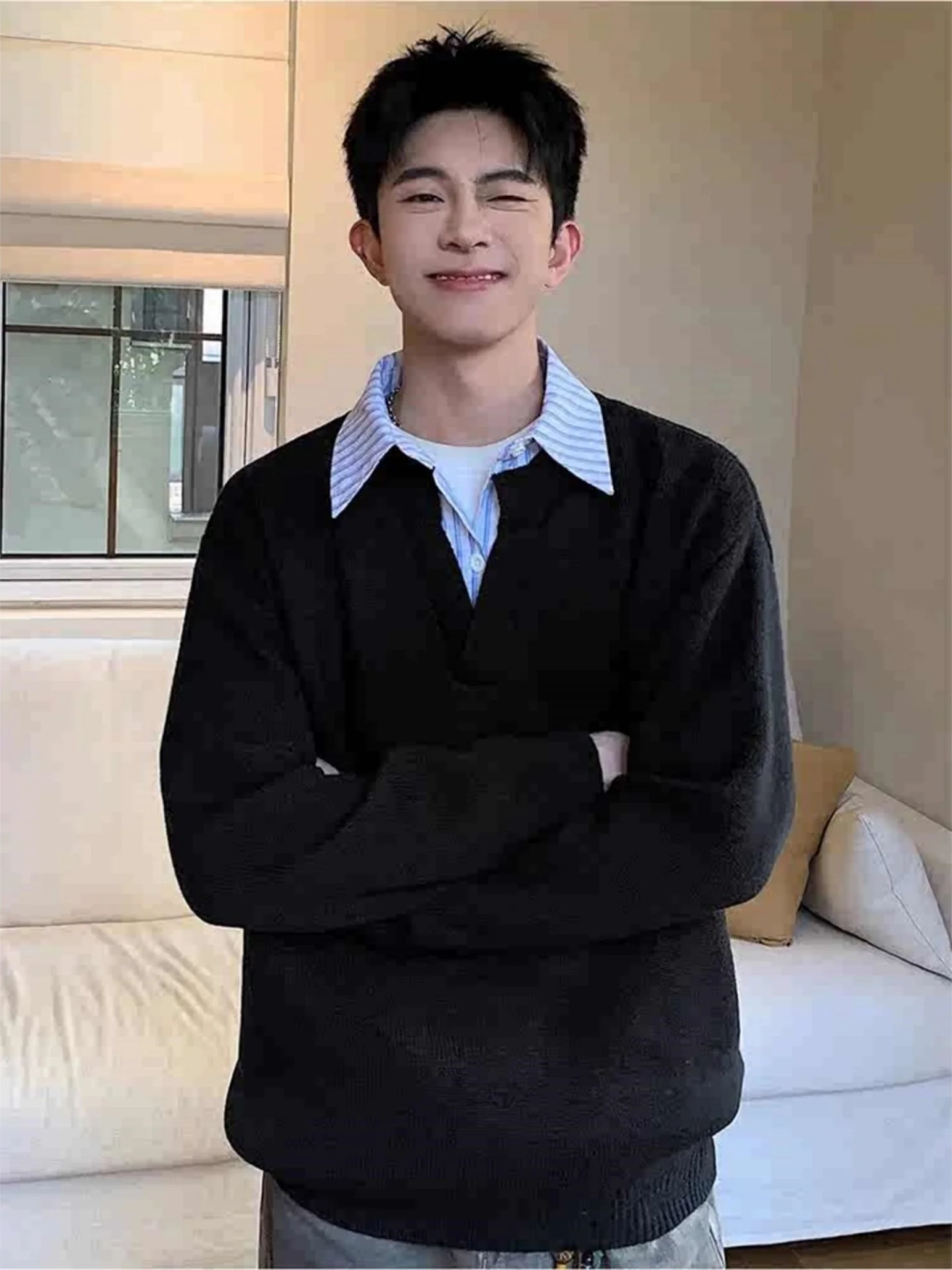 

Мужской свитер Cleanfit Bla с воротником, свободный крой, удобный, в американском стиле, вязаная верхняя одежда, повседневный, модный, из полиэстера