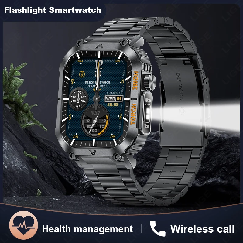 LIGE LED Flashlight Smartwatch For Men Compass Sport Waterproof Watch Blood Pressure Monitoring Bluetooth Call Smart watch Men