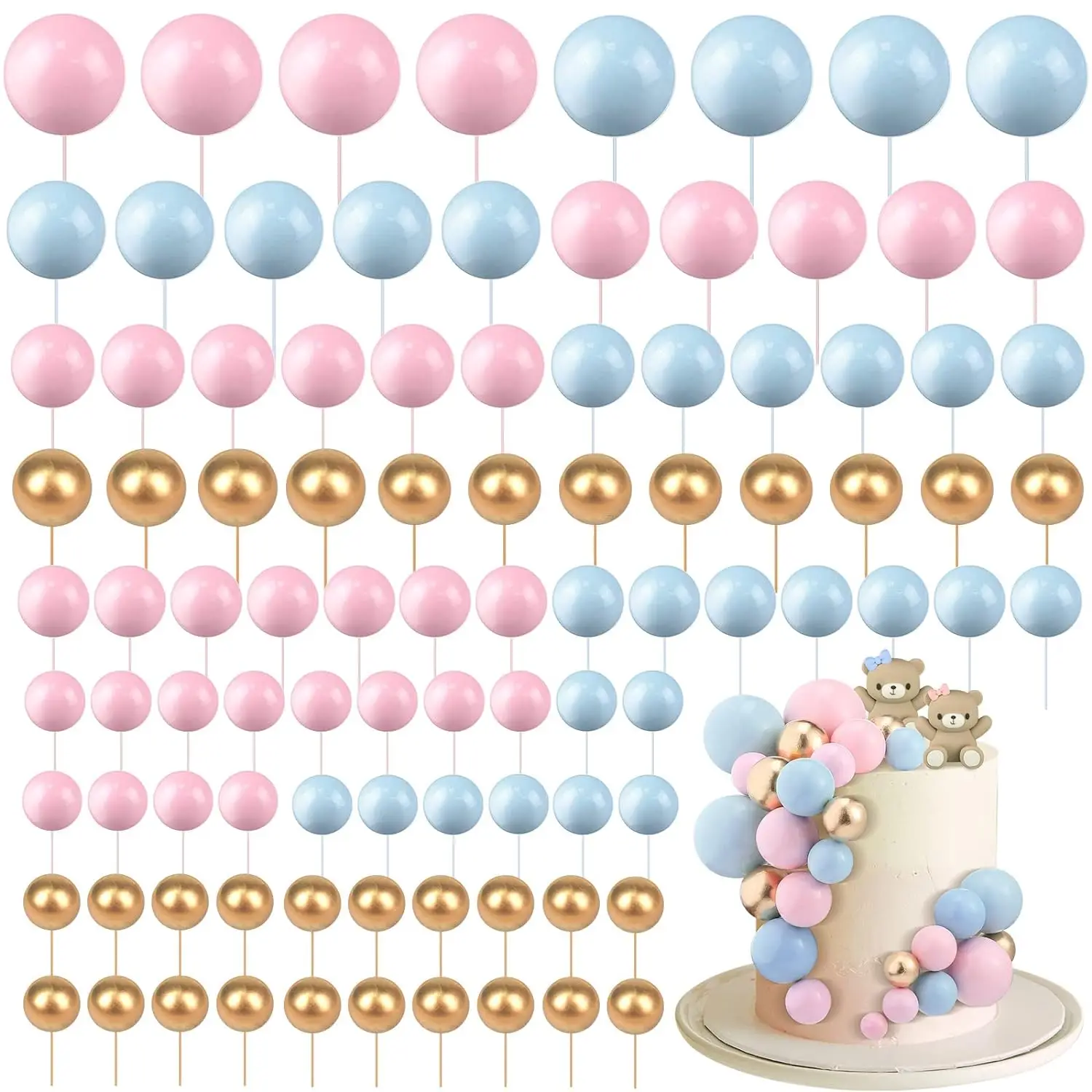 108Pcs Balls Cake Topper Balloons Cupcake Topper DIY Cake Insert Topper Foam Cake Balls Baking Decoration for Wedding Birthday