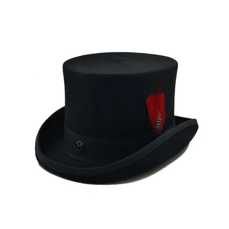 Fedoras Wool Feather Magic high hat British black jazz top hat male gentleman flat felt hat Webbing sombrero de copa británico