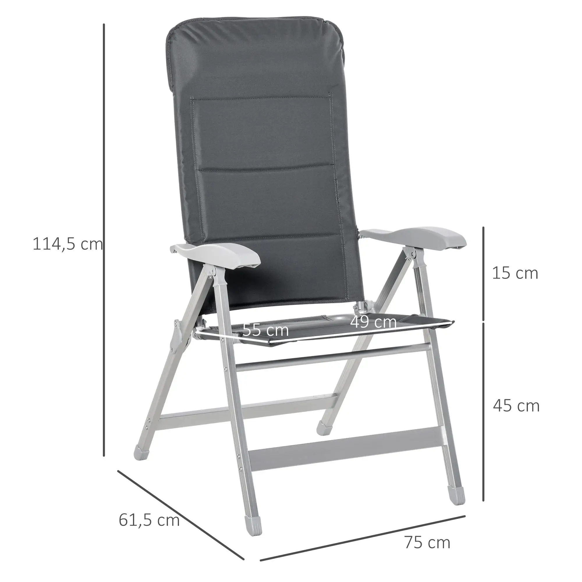Silla de jardín plegable con respaldo ajustable en 7 posiciones, reposacabezas y reposabrazos, aluminio/oxford, 75x61,5x114,5 cm, gris