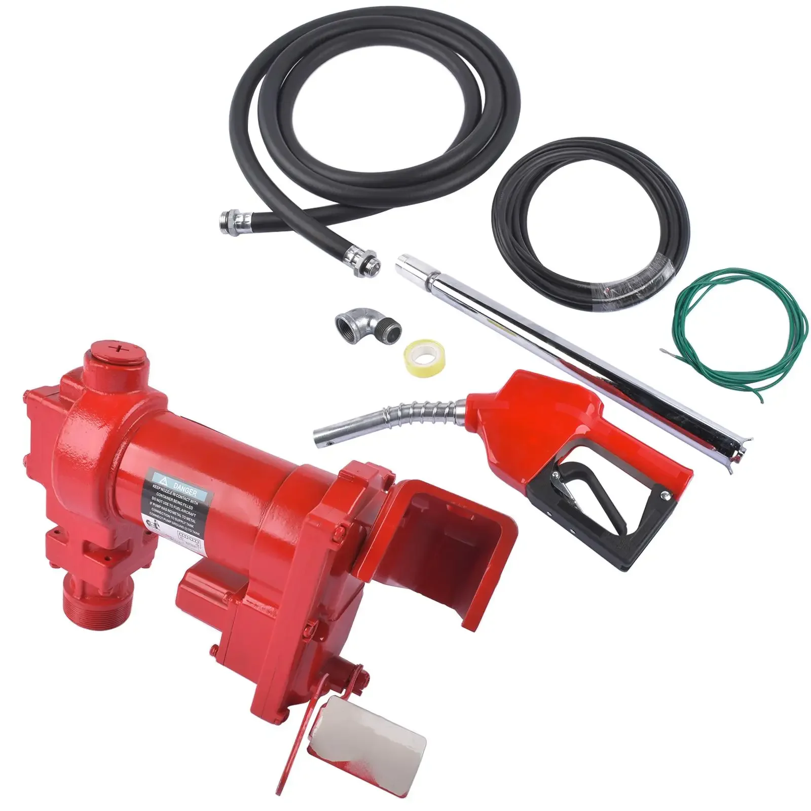 AP03 12V 15 GPM Fuel Transfer Pump w/ Discharge Hose & Auto Red Nozzle for Gas Diesel Ethanol & Biodiesel