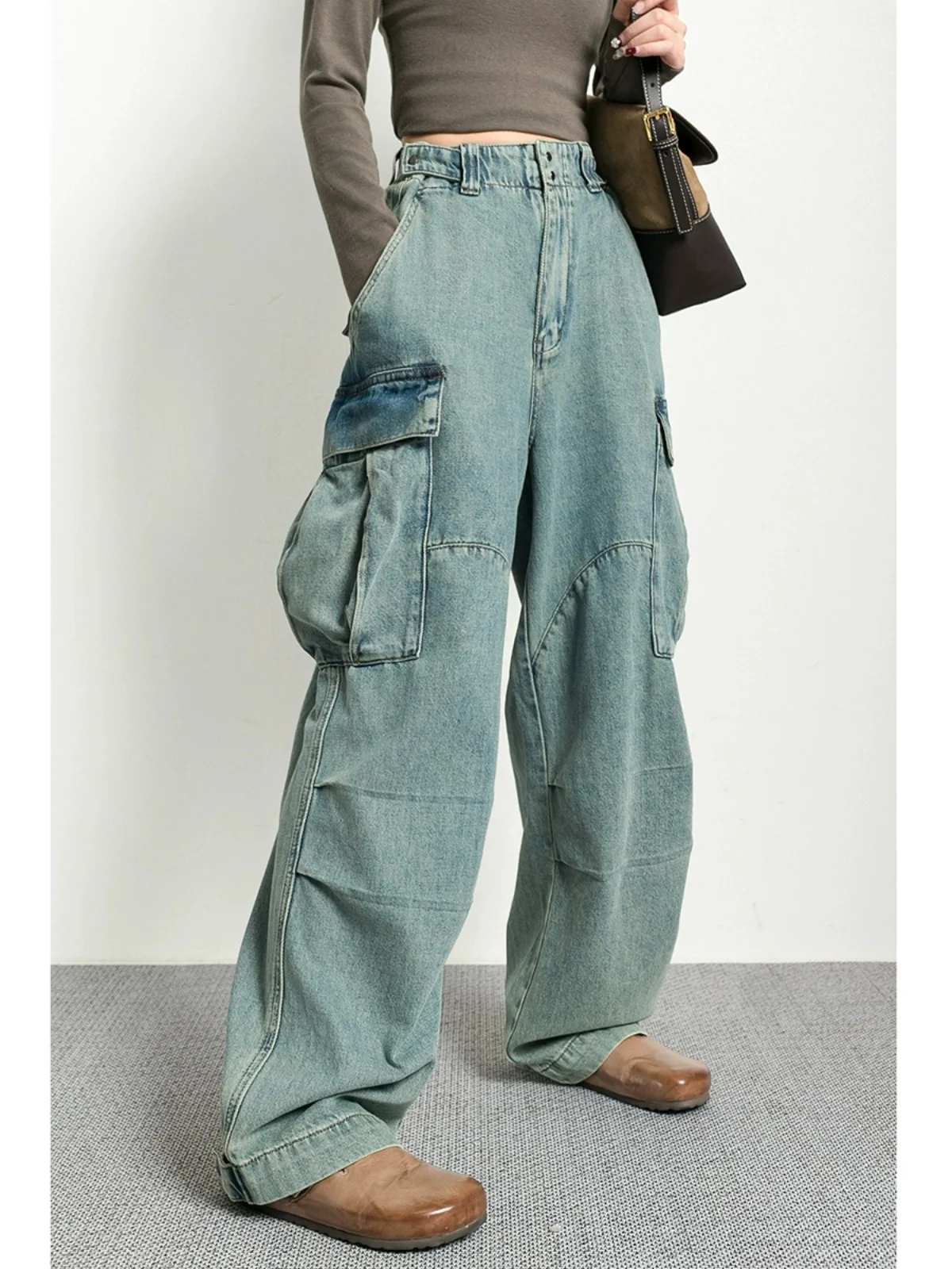 

Tide PA High Waist Wide Leg Workwear Jeans Women's Spring Autumn Long Trousers Fashionable Blue Denim Pants Thermal Function