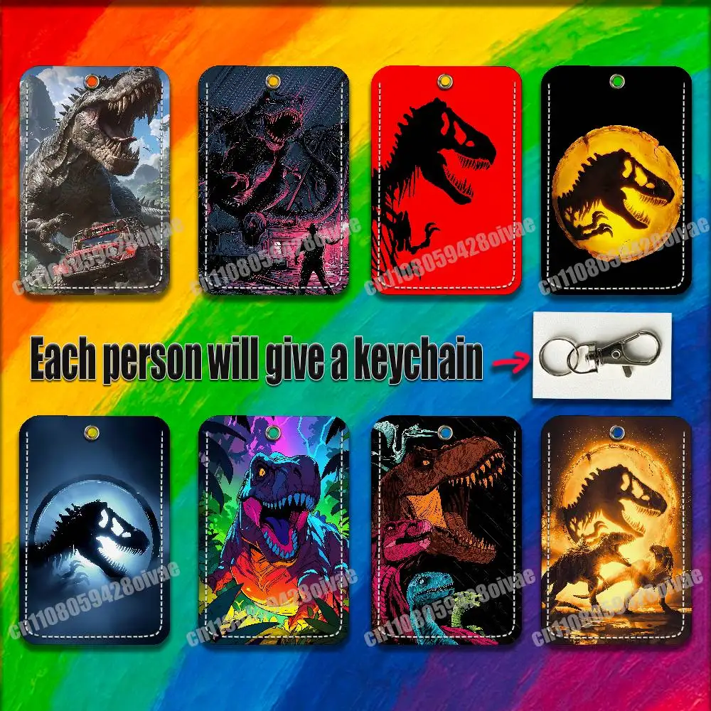 J-Jurassic P-Park Dinosaur World For ID Clips Credit Bank Campus Card Holder Cover Decoration PU Leather Keychain