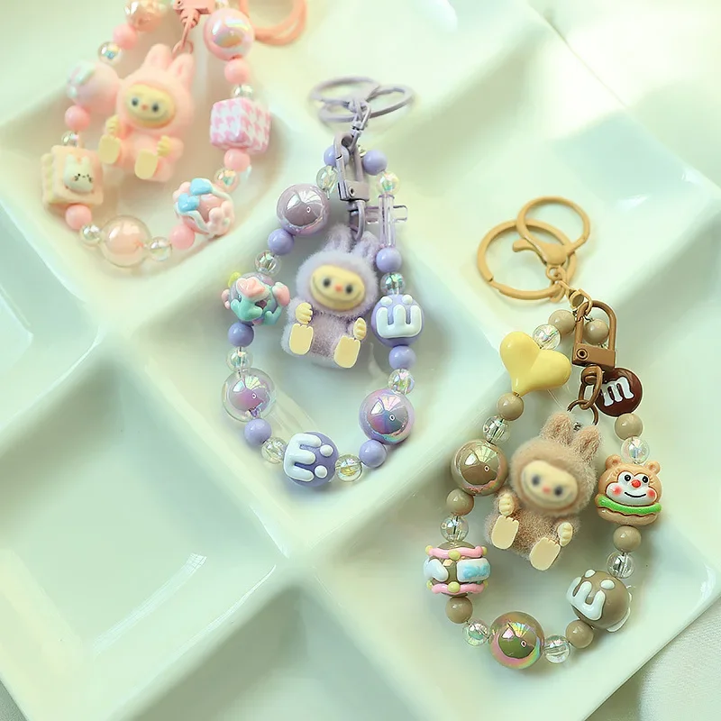 Labubu Cute Cartoon Beaded Pendant Keychain Anime Keyring Backpack Pendant Flocking Bag Doll Decoration Accessories Gifts