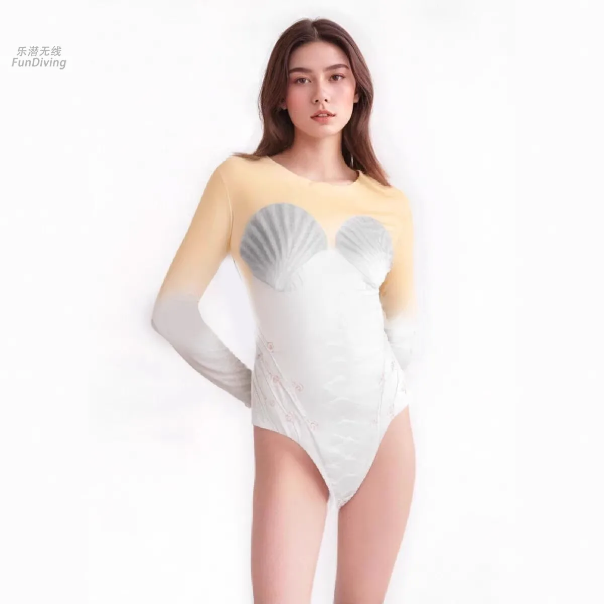 Maillot de bain une pièce en écailles de poisson sirène, manches longues, chaud, faux coquillage, océan imprimé HD, performance trempée