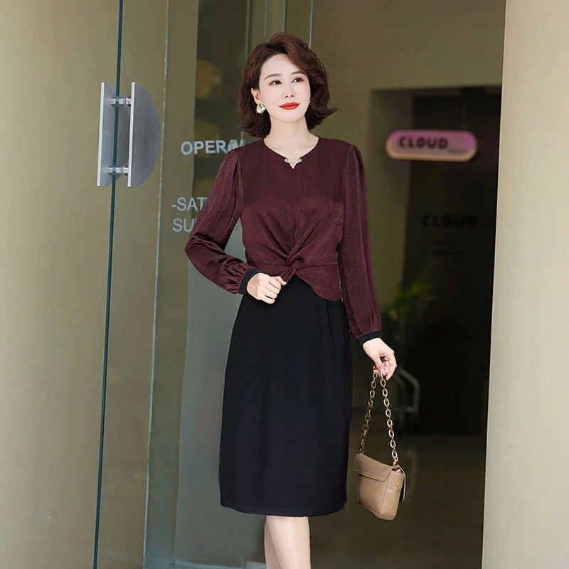 秋冬偽二枚ドレス女性 V ネックパッチワーク気質ファッション長袖ロングドレス