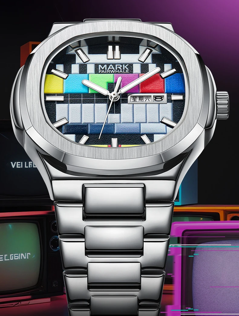 Mark Fairwhale ผู้ชายนาฬิกาควอตซ์ 40 มม.นาฬิกาข้อมือ 30M กันน้ํา Luminous TV Dial Dual ปฏิทิน