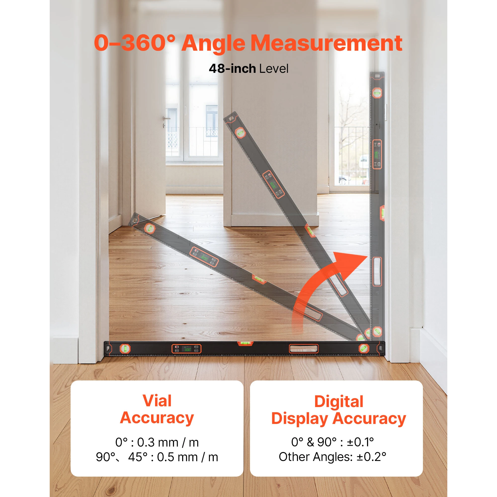 Digital Level, 48 in Length, 360 °   Electronic Leveler Tool with 0 ° /45 ° /90 °   Bubble Vials, IP54 Rating for Construction Carpentry Home Renovation, Magnetic Electronic Level with LED Backlit Display