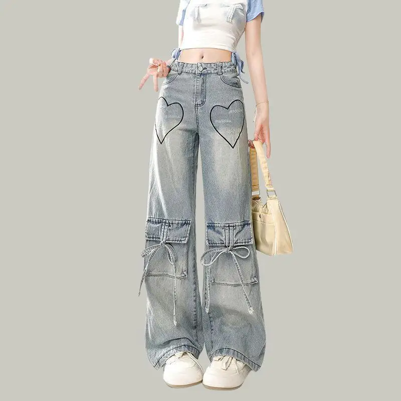 

Spring Summer New Fashion Versatile Women Wear American Retro Love Embroidered Work Jeans Small Spicy Girl Loose Wide Leg Pants