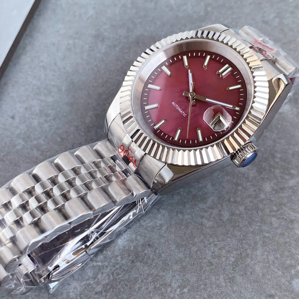 Tandorio 39mm Fixed Fluted Ruby Red Mother of Pearl Green Luminous Dial Automatic NH35A 20ATM Sapphire Mechanical Man Watch