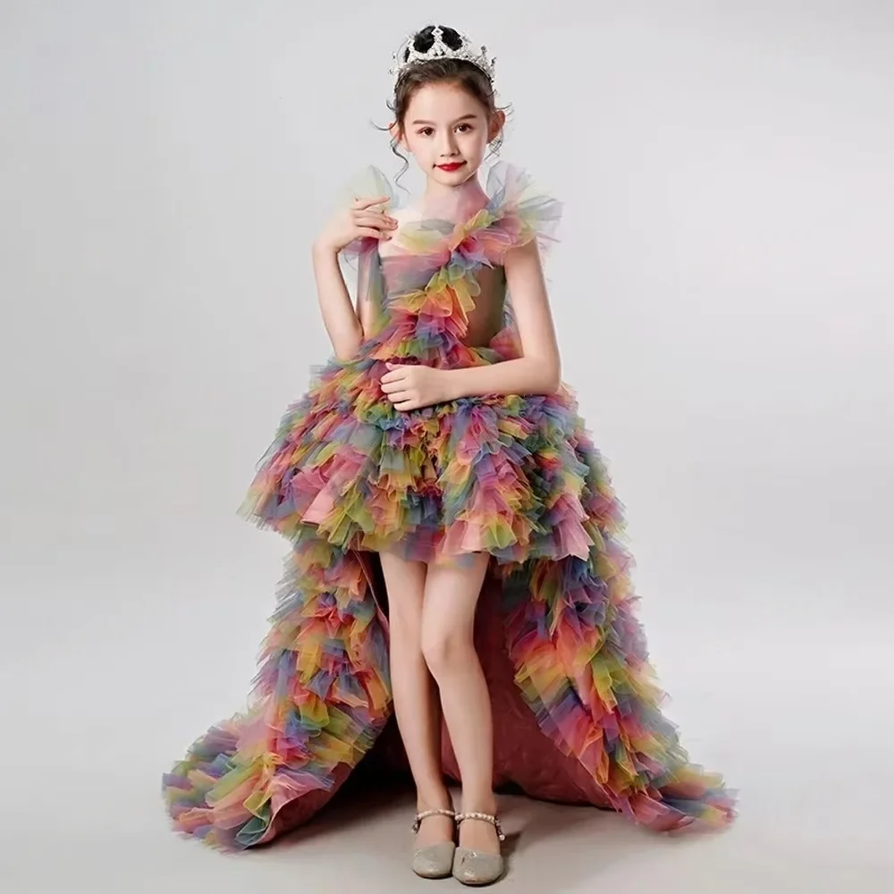 Girls One Shoulder Rainbow Tulle Dress with High Low Hem Ruffled Layers Princess Gown for Pageant Party Performance Special Occ