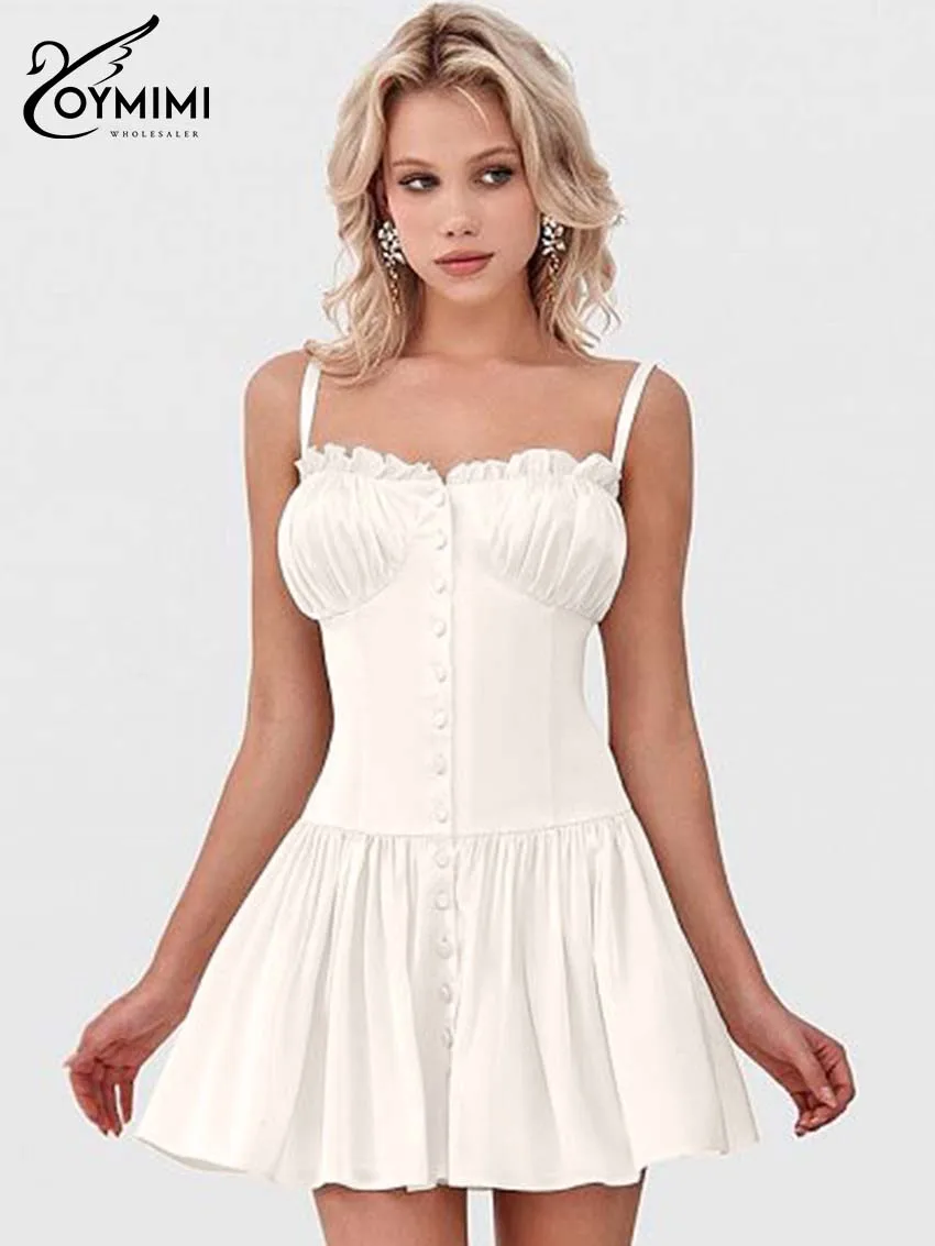

Oymimi Women's White Vintage Bustier Mini Dress 2026 Spring Spaghetti Strap Ruffle Trim Button-Front Fit & Flare Party Outfit