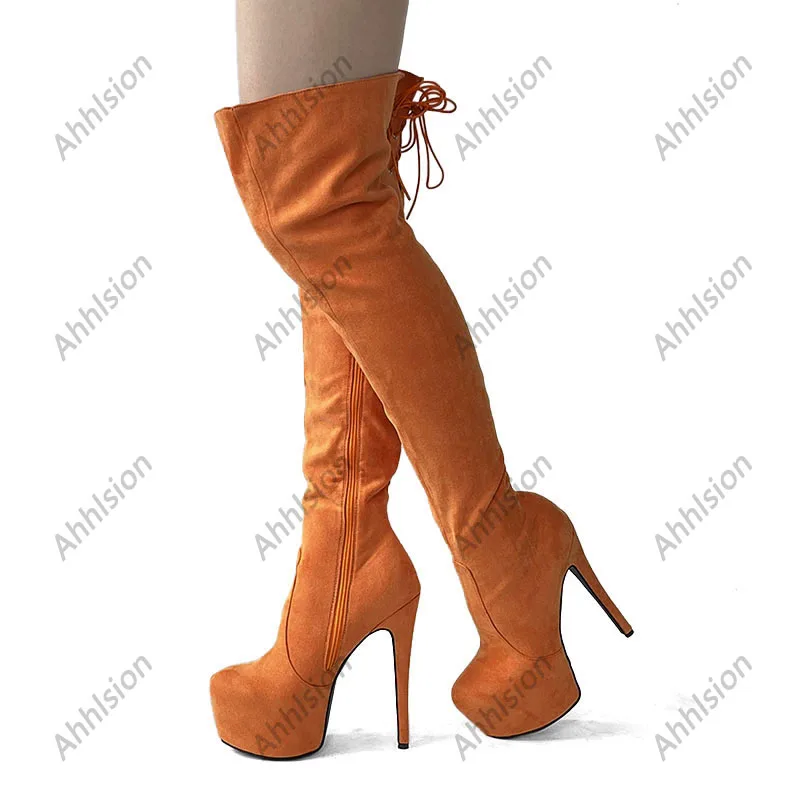 Women Handmade Winter Over Knee Boots Lace Up Stiletto Heels Round Toe Pretty Yellow Party Shoes Ladies US Plus Size 5-20