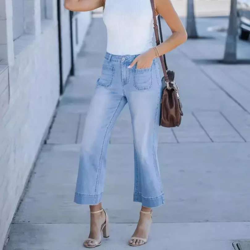 Denim Wide Leg Pants Women Jeans High Waist Washed Distressed Pockets 2025 Streetwear Vintage Straight Ankle Length Trousers