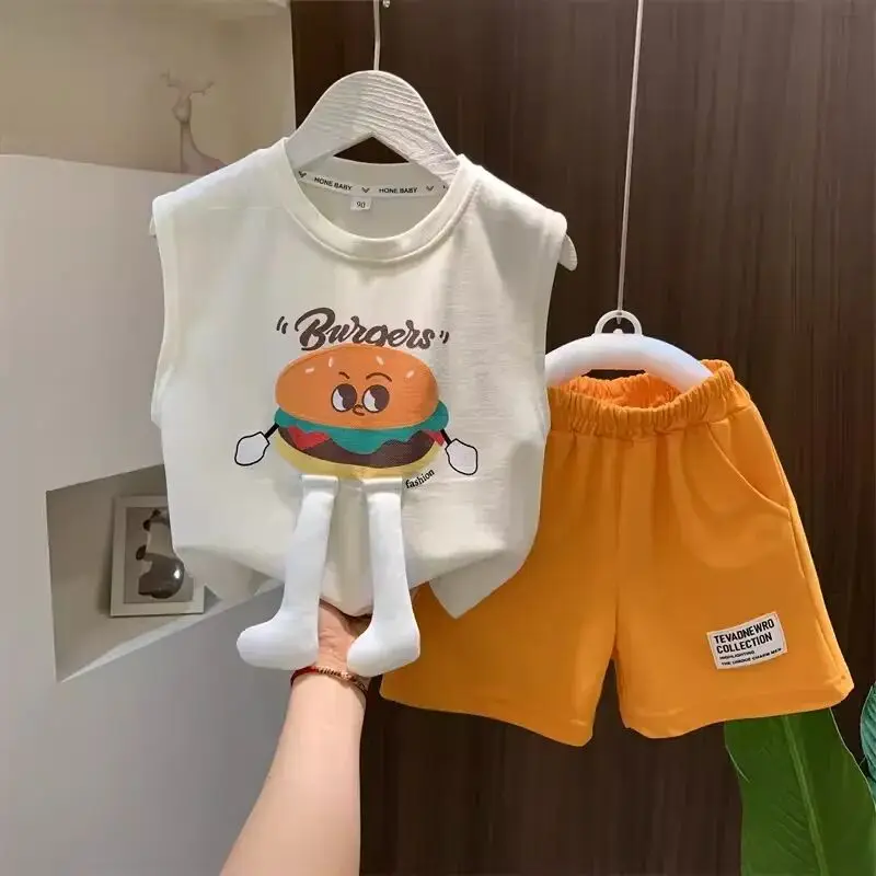 

Baby Summer Tank Top Shorts Set for Boys 2024 New Pi Shuai Children Summer Cartoon Sleeveless Clothes set Fashion