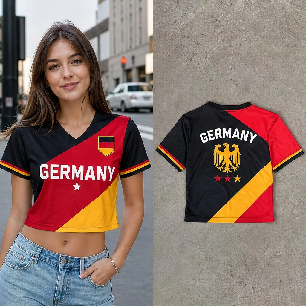 Womens Germany V Neck Short Sleeve Crop Top Color Block Eagle Print Casual Summer Shirt for Street Travel Holiday and Daily Wear