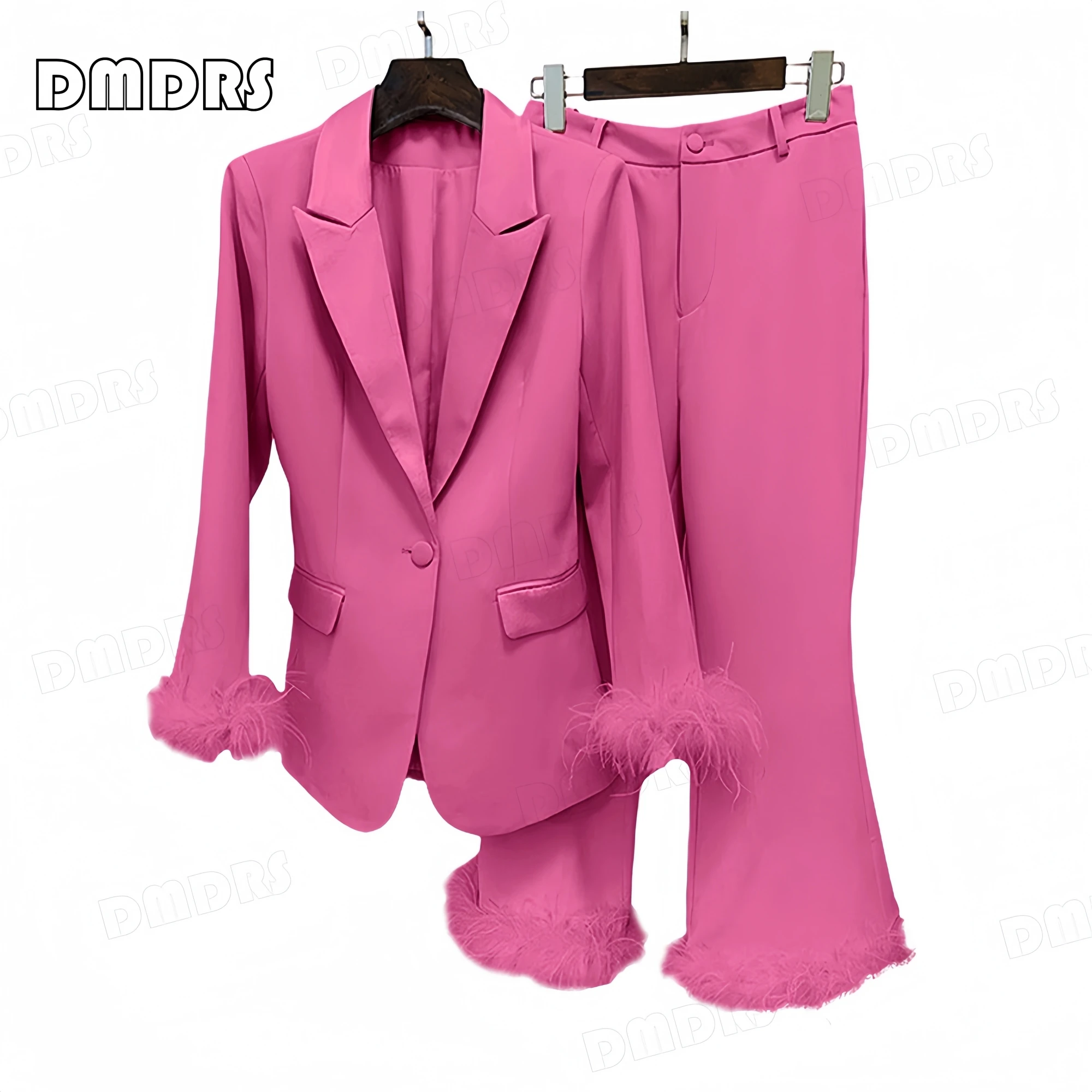 Luxury Feathers 2-Piece Suit Set for Women, Slim Fitting Women's Party Tuxedo Pants, One Button Blazer , Many Colors