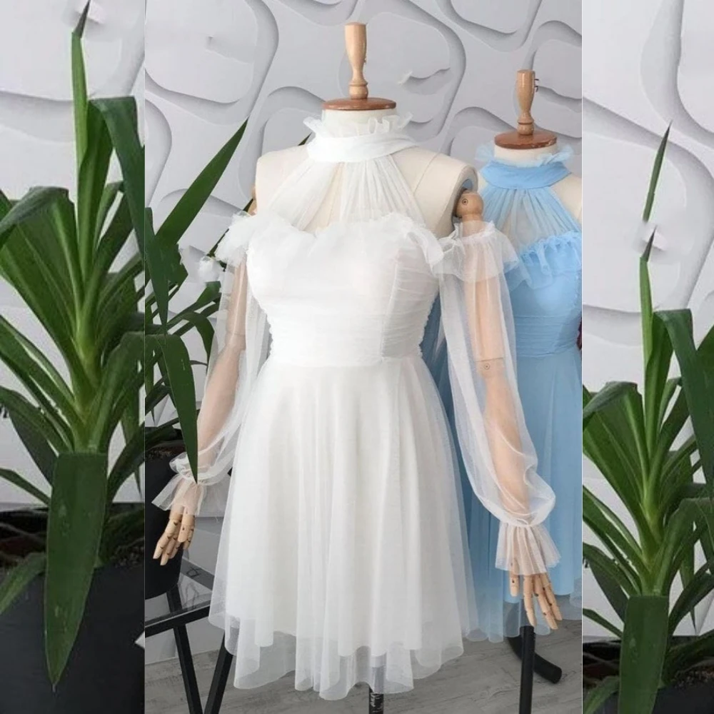 Minivestido plisado de tul brillante de alta calidad, traje de graduación, línea A, Halter, a medida, para ocasiones