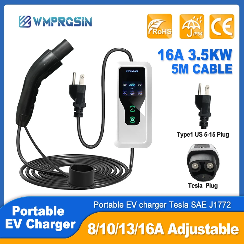 

Tesla 5M Electric Car EV Portable Charger 16A 3.5KW EVSE Charging Cable EU Plug Delayed Charging For Tesla 3 tesla Y S X