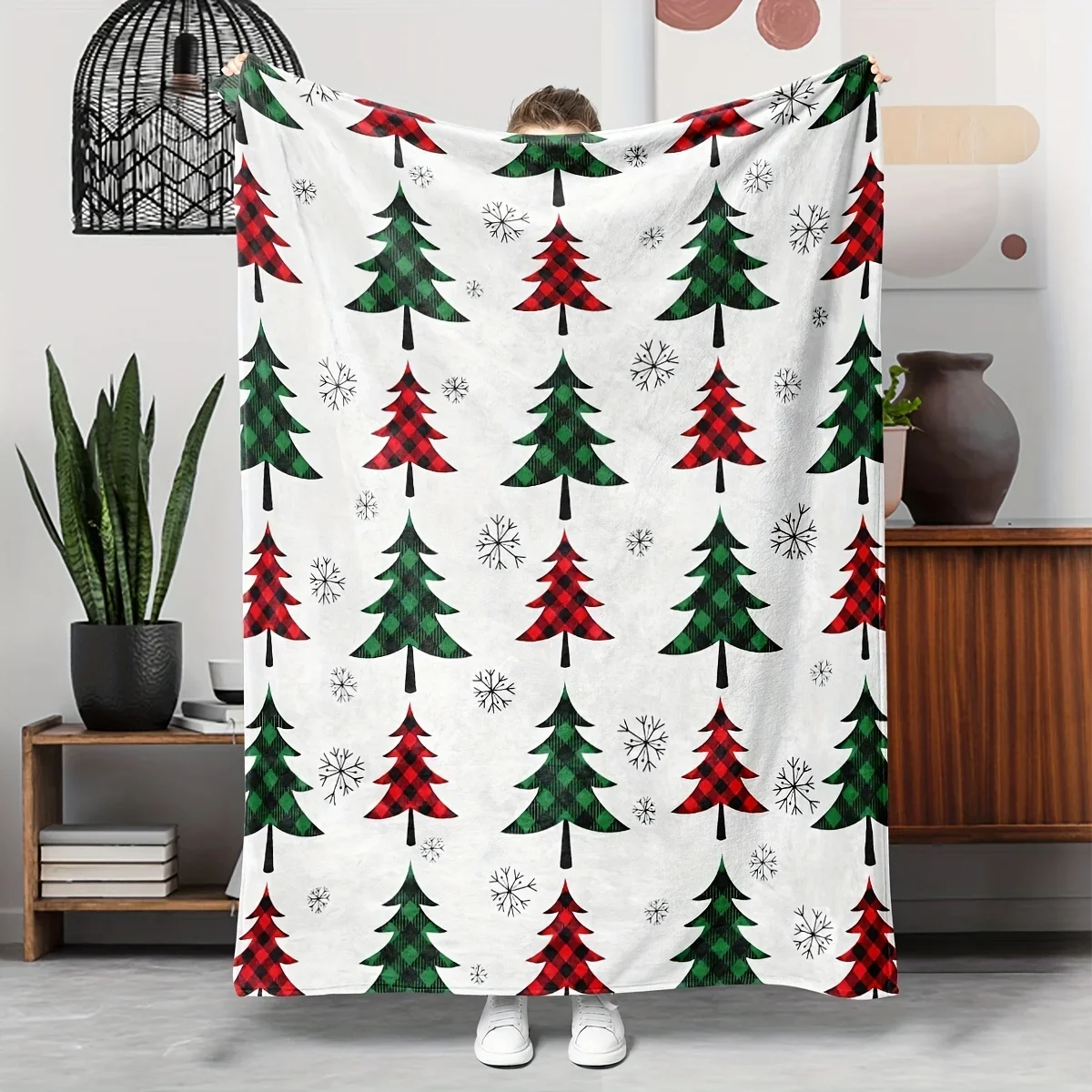 1pc Bohemian Christmas‑Tree‑Print Throw Blanket, Sofa & Bed Decor, Halloween Christmas Holiday Gift