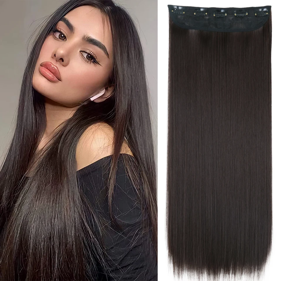 Extensión de cabello sintética larga y lisa de una pieza con 5 clips, rubia, marrón o negra, postizo resistente al calor