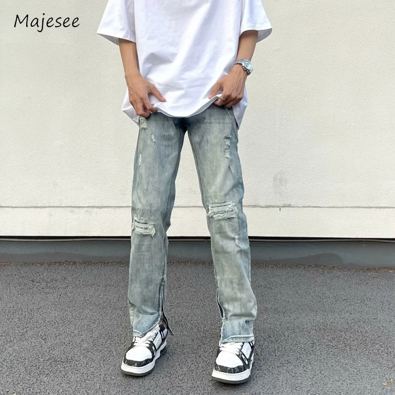 

Hole Jeans Men Slim Zipper Ripped Asymmetrical High Street Korean Style Ankle Length Fitness Normcore Bleached Youthful Vitality