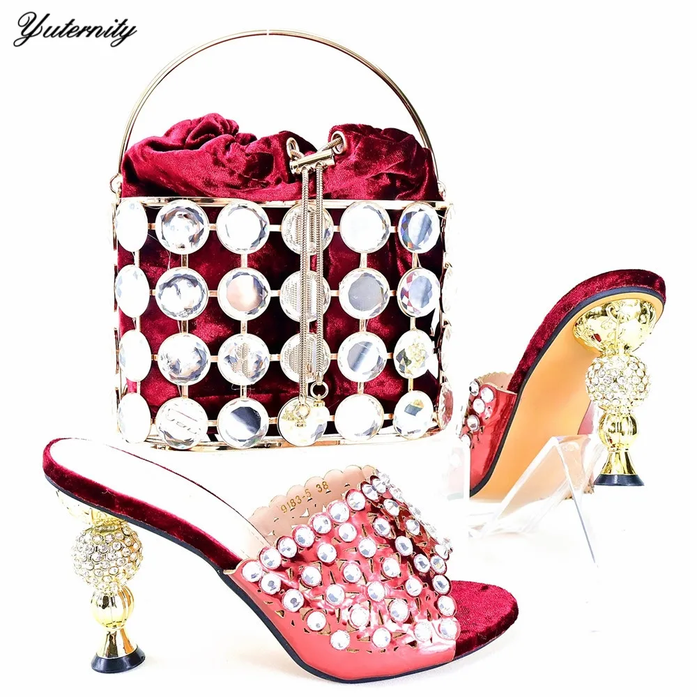 High Quality Luxury Decoration With Rhinestone Woman Shoes And Bag Set Latest Italian Style Shoes And Bag Set For Evening Party