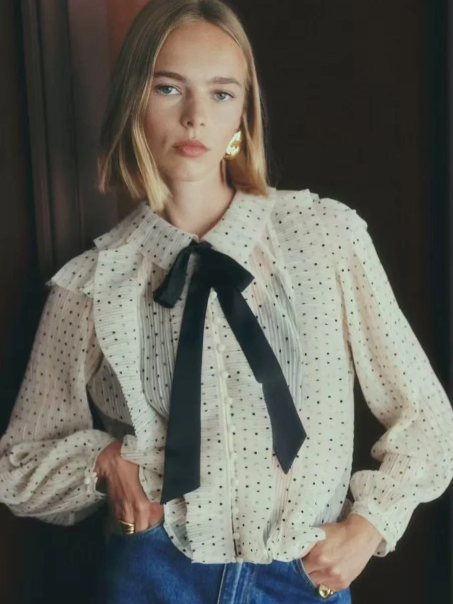 

Withered Fashionable And Exquisite Polka Dot Printed Ruffle Edge Lapel Bow Long Sleeved Shirt Top For Women Blouses Women's