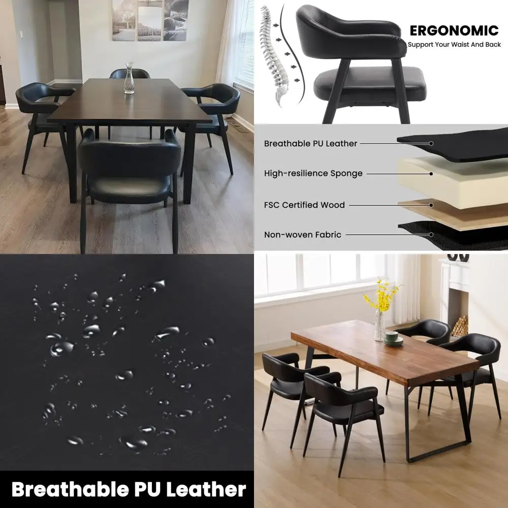 مجموعة من 4 كراسي طعام حديثة من الجلد الأسود في منتصف القرن مع أرجل معدنية سوداء ومساند ظهر منحنية