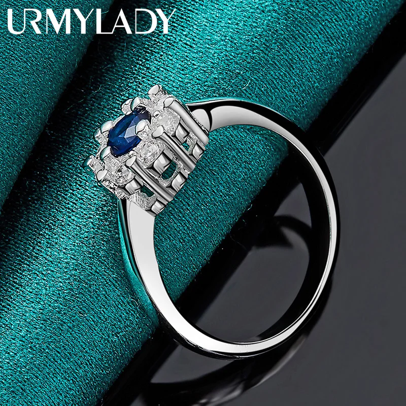 Women's 925 Silver Flower Ring with Blue Zircon, Wedding Band