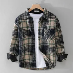 Fall Winter Shirt Men Long Sleeve Plaid Shirt Man Daily Casual Loose Shirts Lapel Brushed Shirt with Pocket Fashion Overshirt