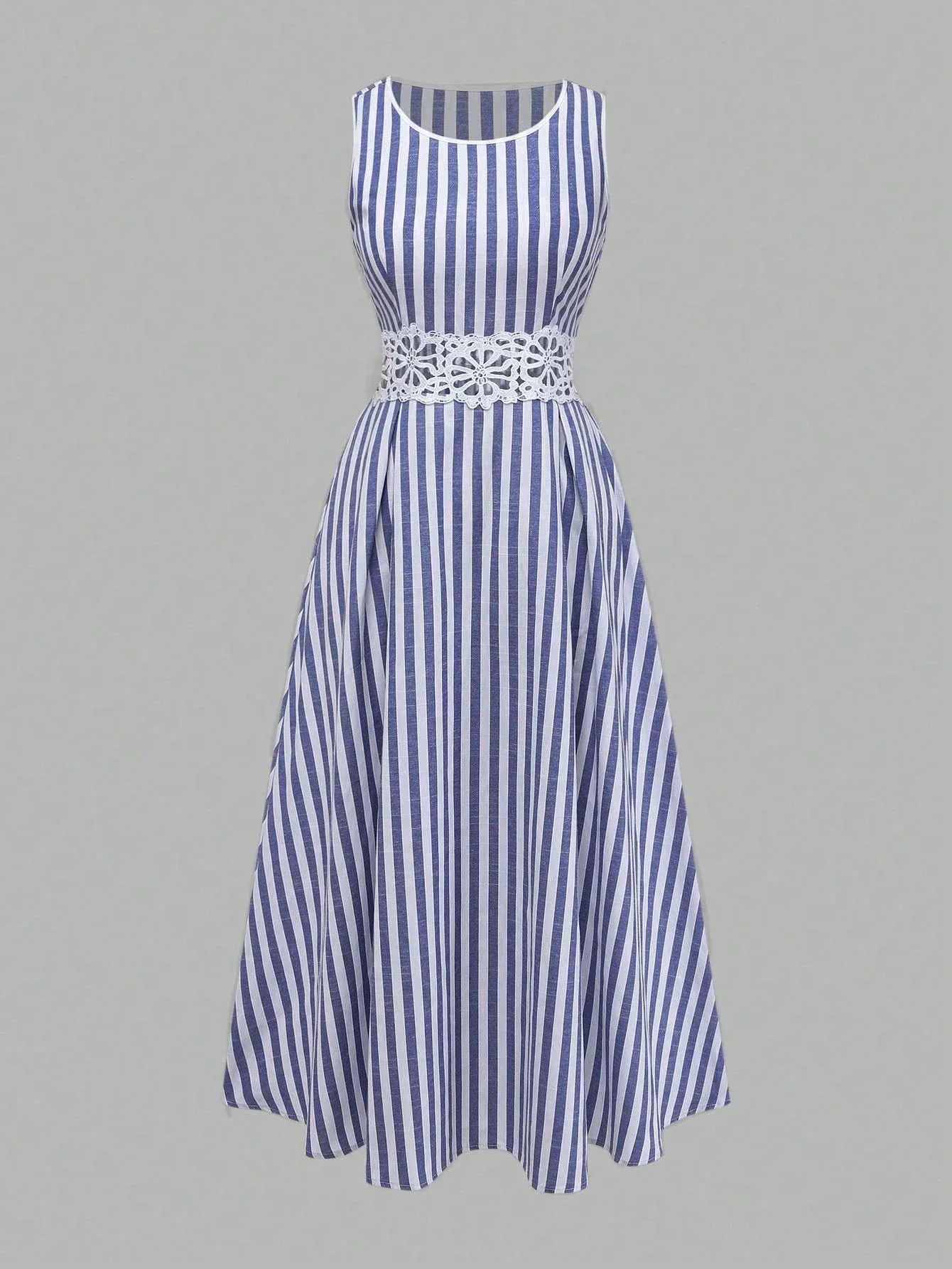 

Women's Cotton Linen Blue White Striped Sleeveless A-Line Midi Dress With Lace Waist Trim