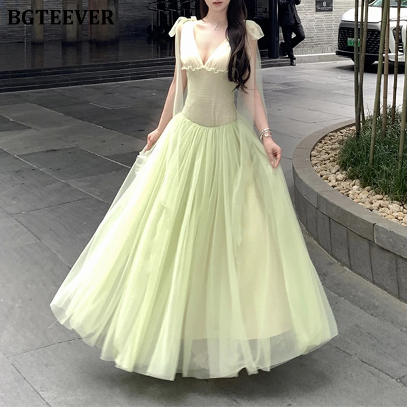 

BGTEEVER Summer Fashion V-neck Slim Waist Ladies Sleeveless Mesh Dress Stylish Ladies Solid A-line Mid-Length Dress