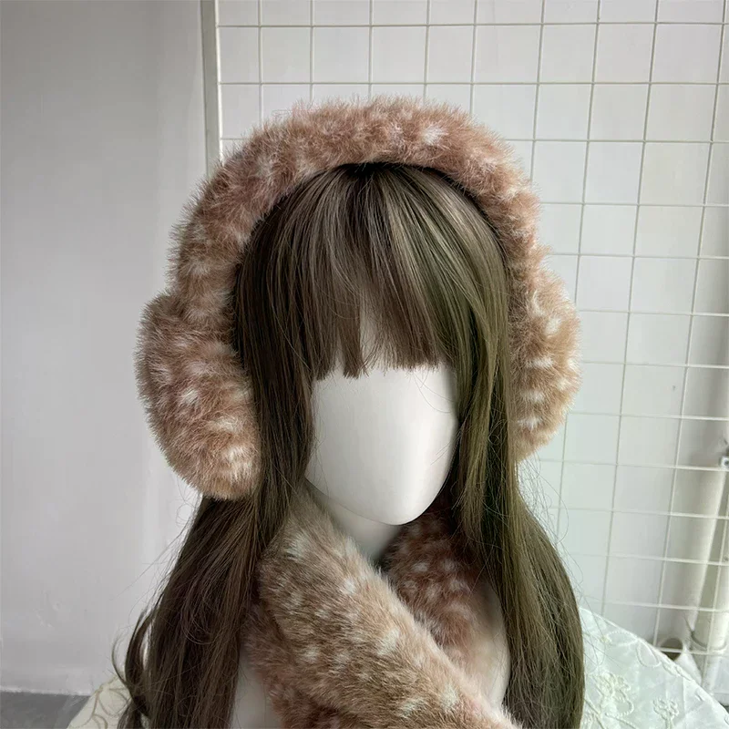 Faux Fur Antlers Hairband Japanese Lolita Headband Christmas Elk Deer Scarf Winter Furry Thicken Earmuffs Cosplay Accessories