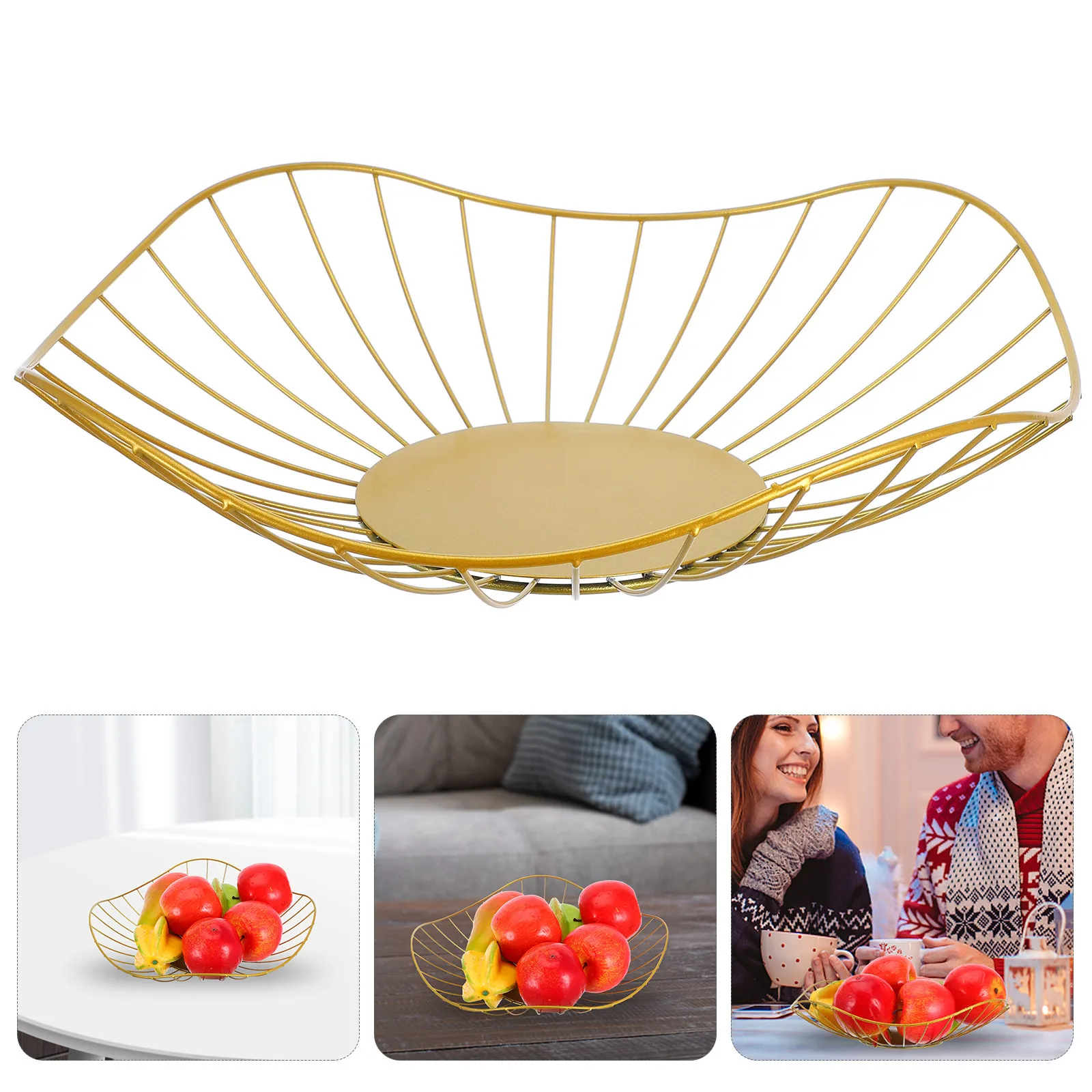 Iron Wire Fruit Basket Gold Finish Curved Design Large Capacity Sturdy Storage Basket for Kitchen Countertop Living Room