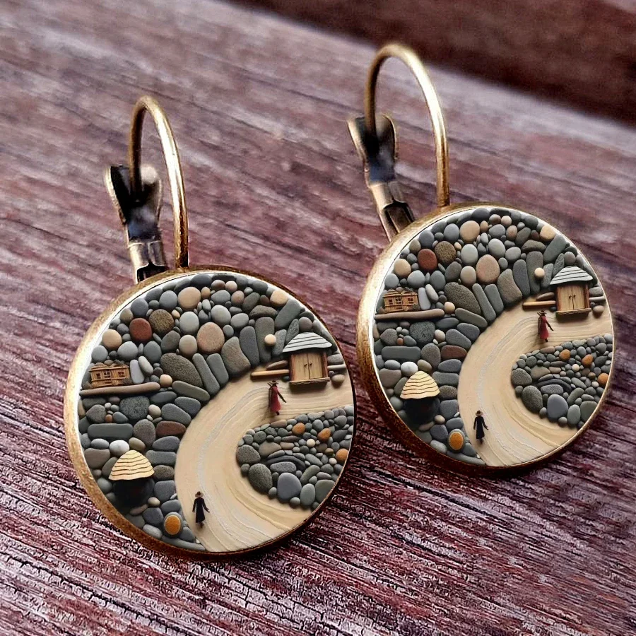 Creative Stone Earrings: Family earrings made from stone houses cute stone painted glass dome circular earrings, women\'s jewelry