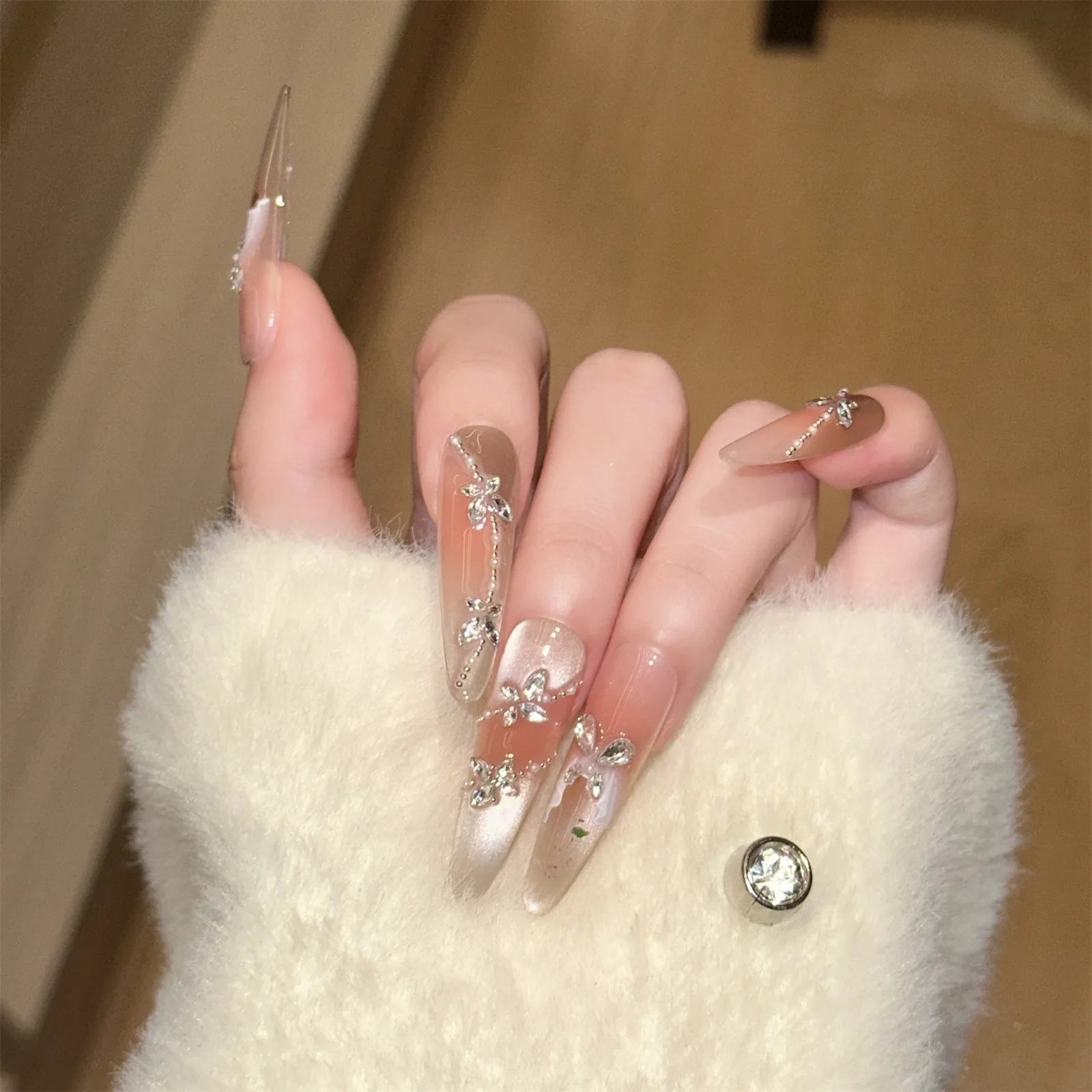 10 Stück künstliche Nägel, Katzenauge, Strass, Glitzer, zum Aufdrücken der Nägel, Schmetterlingsflügelspitzen, lange künstliche Nägel für Frauen, Maniküre, DIY