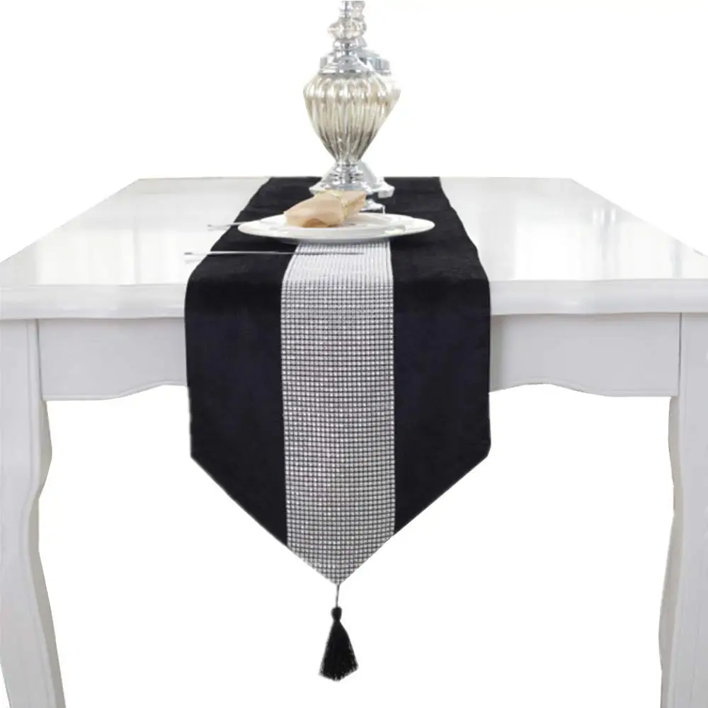 Table Runner Handmade Elegant Natural Table Cloth with Diamante Strip and Tassels, Dresser Scarves for Family, Dinners Party