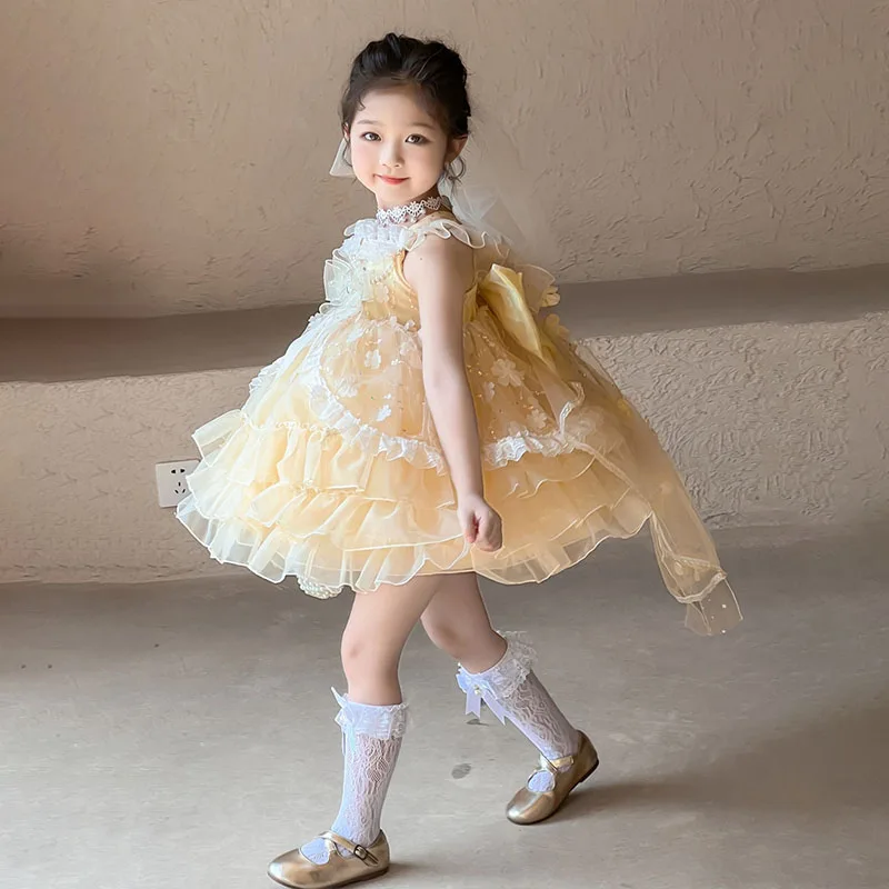 Girls Lolita Princess Sleeveless Dress Lace Ruffle Tiered Tulle Kids Birthday Party Gift Costume Children Formal Evening Gown