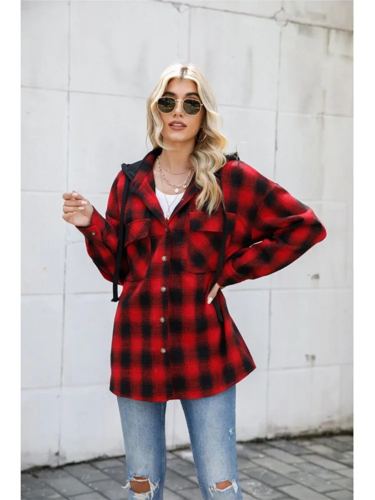 

Autumn Winter New Women's Hooded Elastic Band Long Sleeved Fashionable Plaid Shirt With Pockets And Brushed Woolen Coat