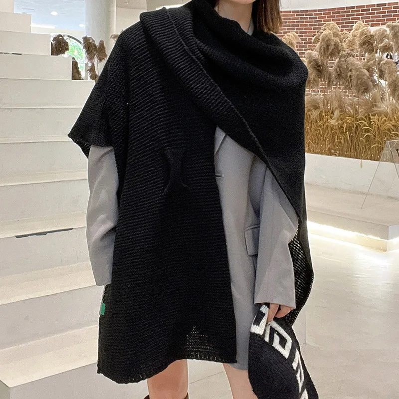 HELIAR Women Striped Hollow Out Cloak Out Street Knit Criss-Cross Big Pendulum Cardigan Loose Poncho Cape Shawl Top Fall Winter